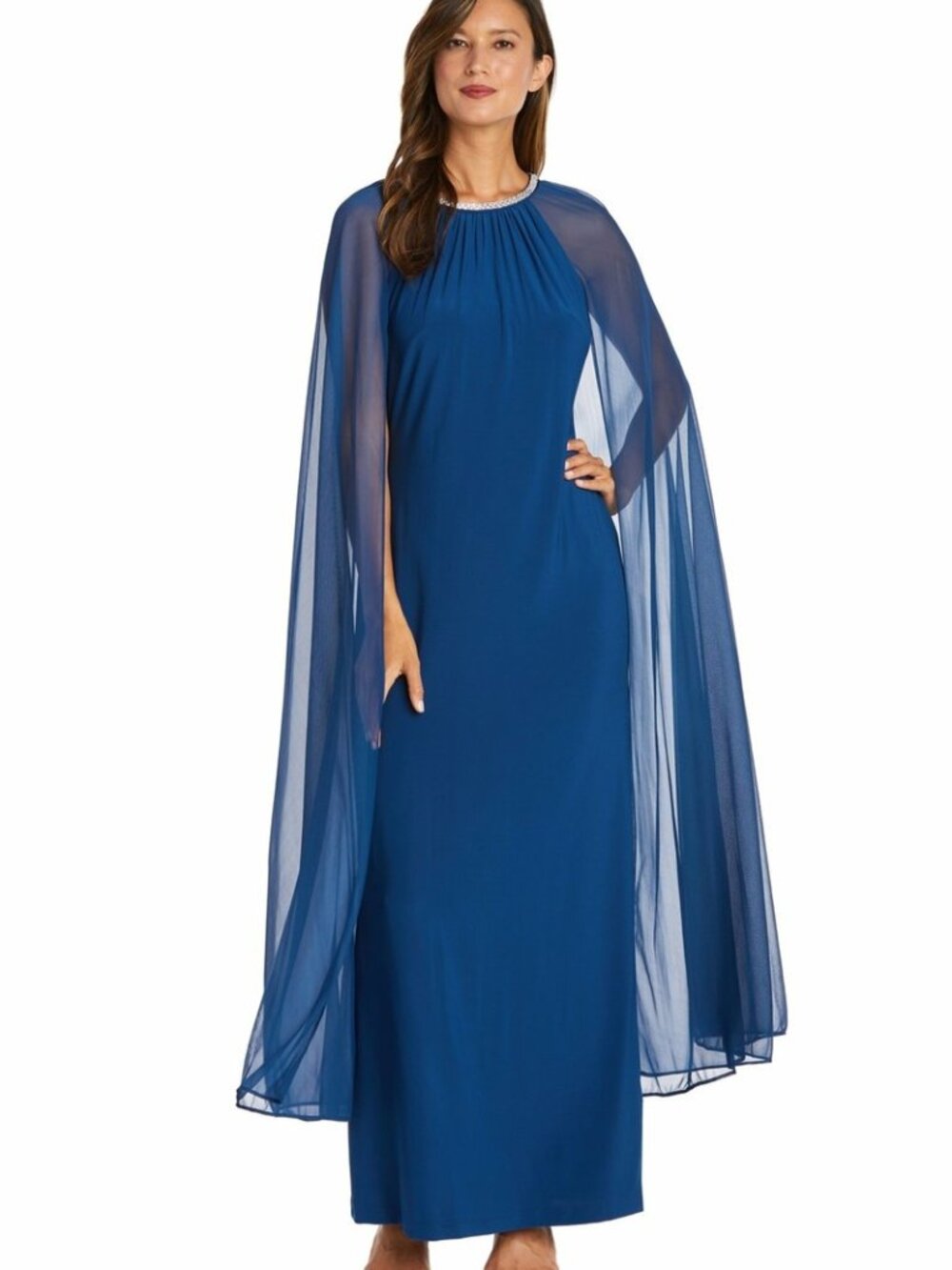 R&M RICHARDS NEW Sleeveless w/built in sheer cape Diamond Colar Long Dress sz 16